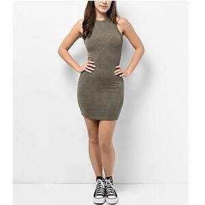 Garage Olive Green Rib Knit Sleeveless High Shoulder Tank Bodycon Mini Dress XS